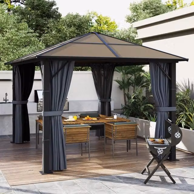 Gazebo da giardino OKWISH con tetto in policarbonato, tende e zanzariere, struttura in metallo grigio, L/P/H: 300 x 300 x 265 cm – 1