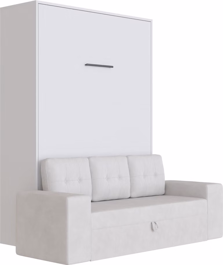 Letto a scomparsa M3 140x200 verticale con divano grigio sabbia braccioli con cassetti Bianco