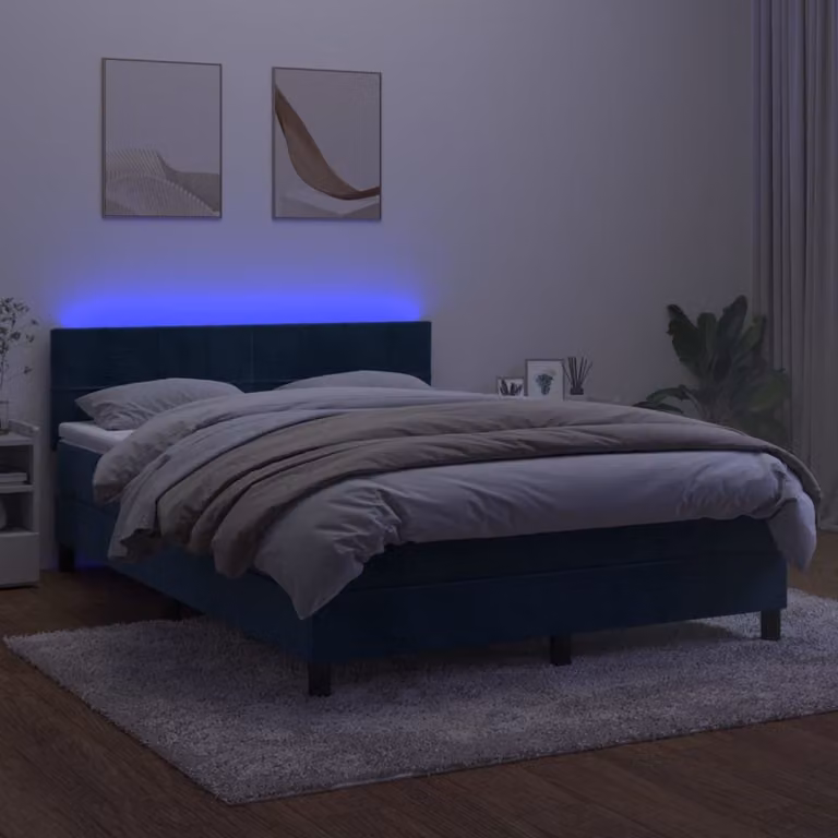 The Living Store Letto a molle con materasso e LED in velluto blu scuro 140x190 cm