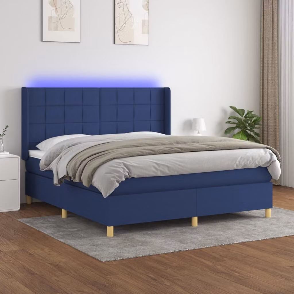 Letto Ibrido vidaXL con Materasso a Molle Insacchettate, Illuminazione LED Blu e Porte USB, Tessuto Bianco e Blu, 160x200 cm – 1