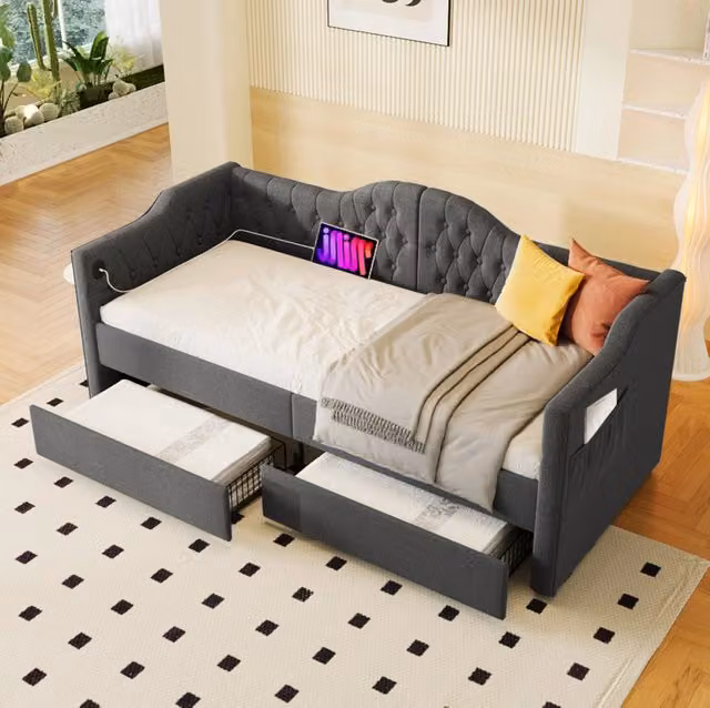 Letto da giorno ULEVR 90x200 cm con 2 cassetti, porte USB e Type-C, rivestimento in lino grigio
