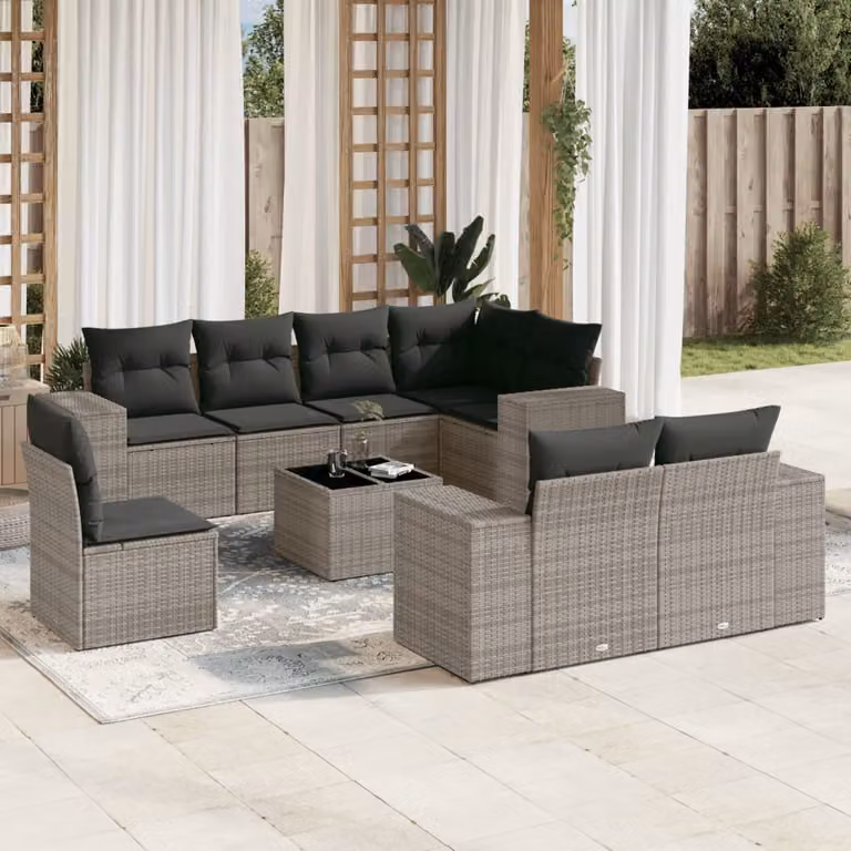 Set Divano da Giardino a L vidaXL in Polyrattan Grigio con 9 Pezzi e Cuscini