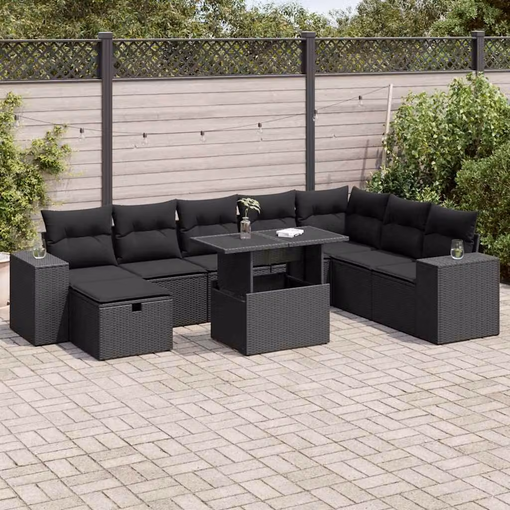 Set di divani da giardino vidaXL in polyrattan nero con cuscini, componibile a L per esterno