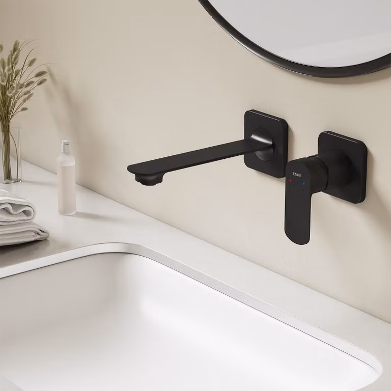 EMKE Rubinetto lavabo a parete, rubinetto da incasso per bagno, miscelatore monocomando a 2 fori per lavabo 233x127x110 mm nero opaco