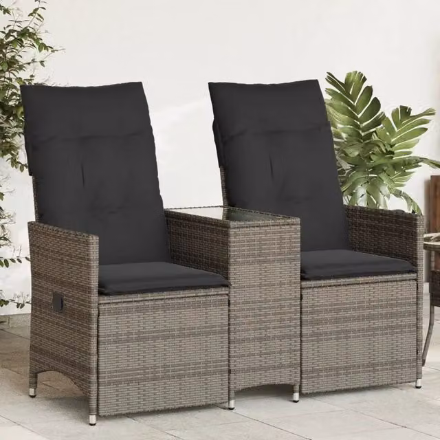 Divano Giardino Reclinabile 2 Posti Tavolino-Sofa da Giardino-Divanetto da esterno Grigio Polyrattan 185928