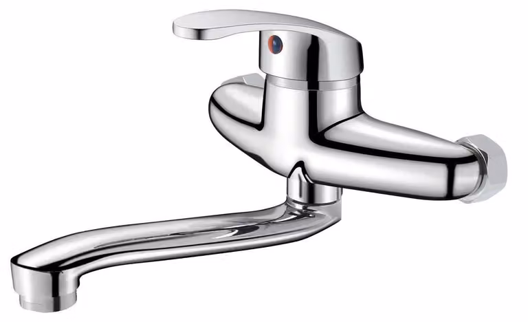 Miscelatore da cucina, montaggio a parete, 20 cm, rotazione a 360°, monocomando, in ottone, con cartuccia in Vetroceramica, a risparmio idrico