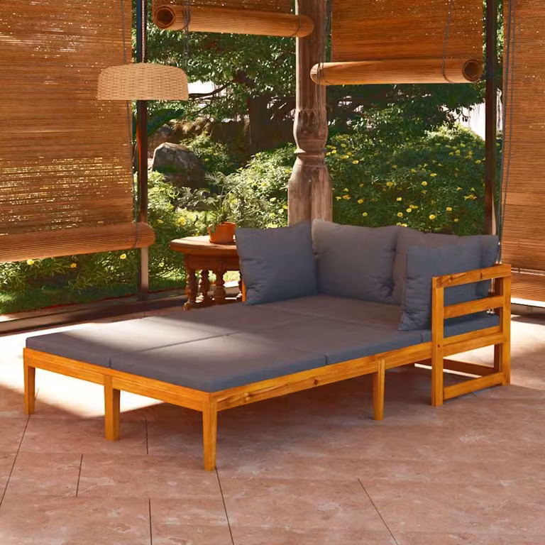 Set di 2 lettini prendisole vidaXL in legno d'acacia oliato con cuscini grigi resistenti alle intemperie