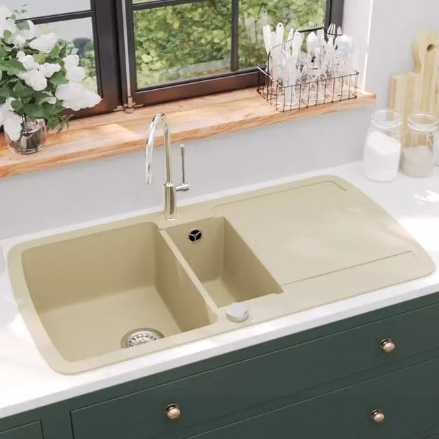 Lavello da cucina a doppia vasca in granito beige vidaXL L/P/H: 96 x 50 x 31 cm