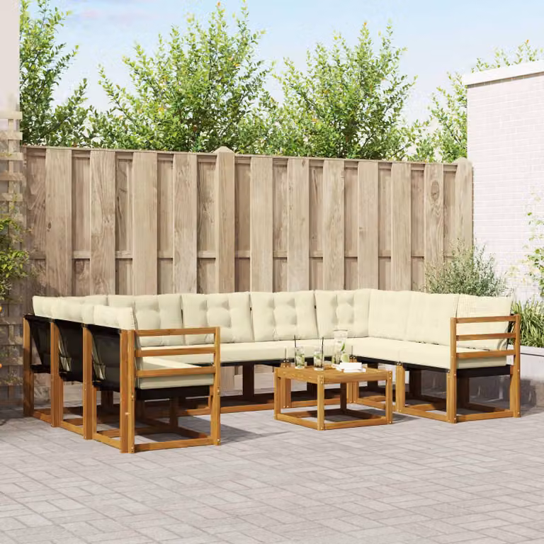 vidaXL Set di divani da esterno a forma di U in legno di acacia con cuscini, colore beige e marrone