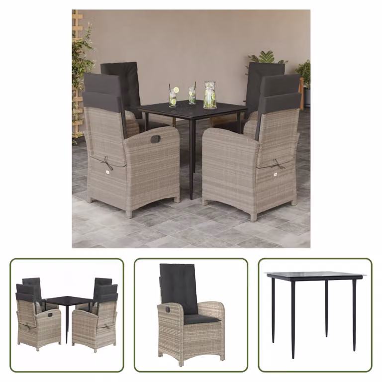 The Living Store Set da pranzo da giardino 5 pezzi con cuscini in rattan grigio chiaro