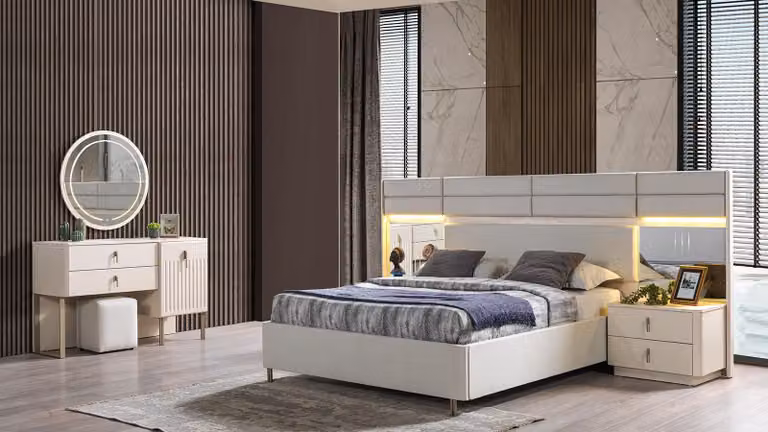 Letto, 2 comodini, cassettiera, camera da letto, stile moderno, colore bianco, pratico