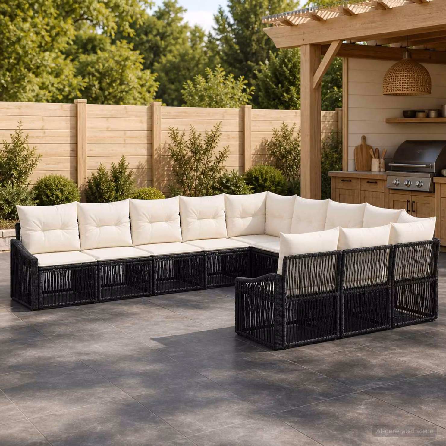 Set Divano da Giardino vidaXL a forma a U in Polyrattan Nero con Cuscini e Struttura in Acciaio