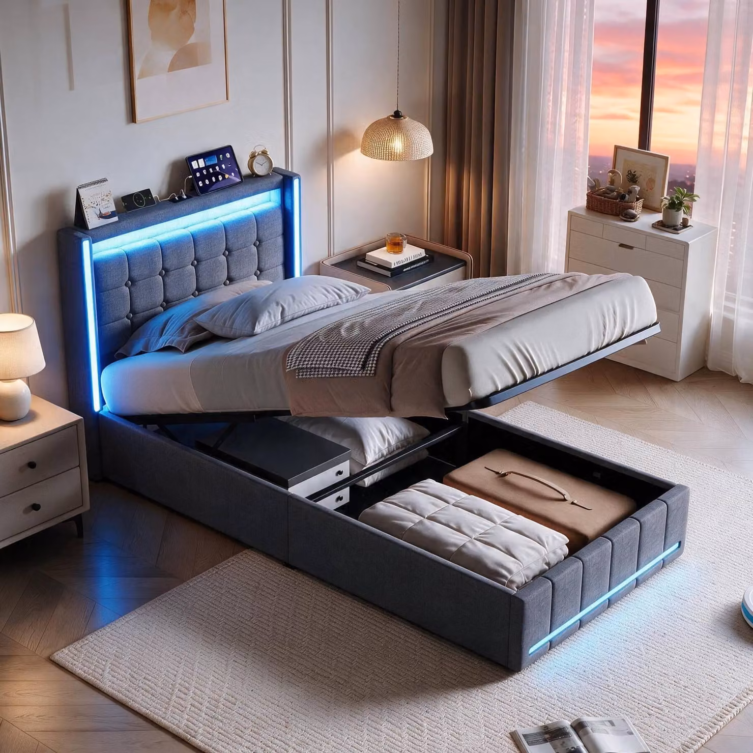 Letto imbottito INONEFT 90x200 con spazio contenitore, letto per ragazzi con LED e porte USB/Tipo C, letto con sistema di sollevamento idraulico, letto singolo con rete a doghe, tessuto in lino, colore grigio