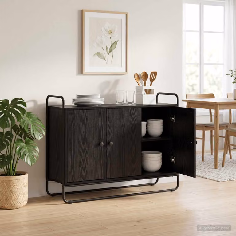 Credenza stile industrial vidaXL in legno ingegnerizzato e metallo, colore rovere nero e marrone, L 102 x P 35 x H 75 cm