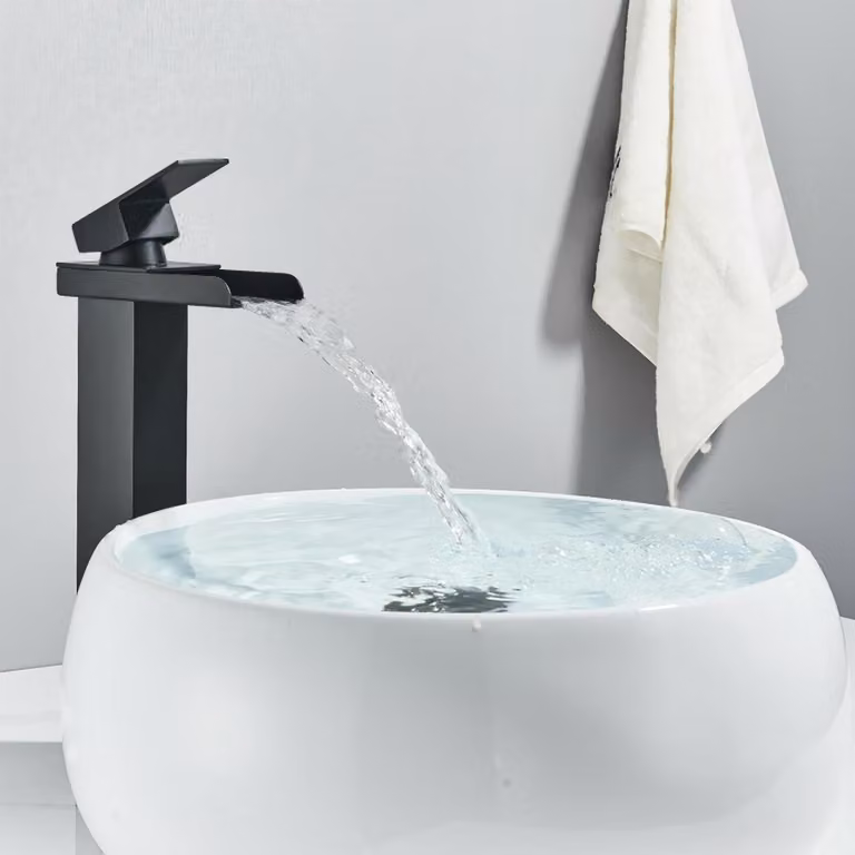 Miscelatore monocomando in acciaio inossidabile e ottone, finitura nera, a risparmio idrico, per lavabo a cascata, con controllo dell'acqua calda e fredda