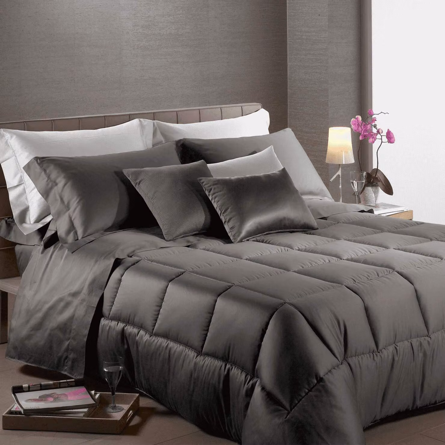 Coperta matrimoniale in cotone con rivestimento in raso, colore antracite