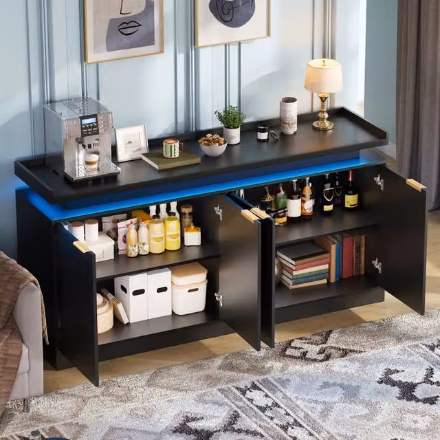 Credenza e madia con LED RGB tramite app con 4 ante e ripiani fissi per cucina e soggiorno in MDF nero 160 × 39 × 83 cm
