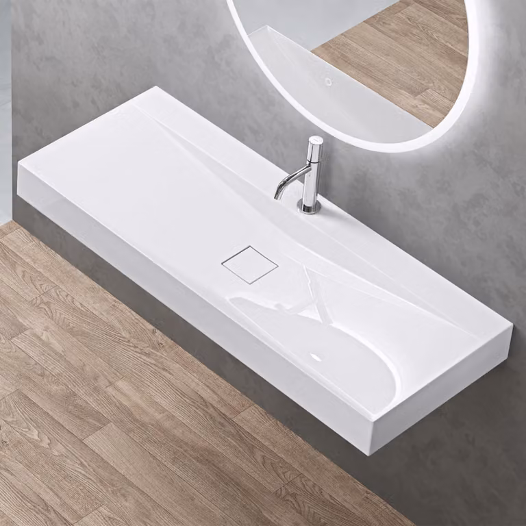 doporro Lavabo da Appoggio o Sospeso Rettangolare 120 cm in Marmoresina Bianco Lucido, Lavandino Bagno con Foro per Rubinetto Colossum810