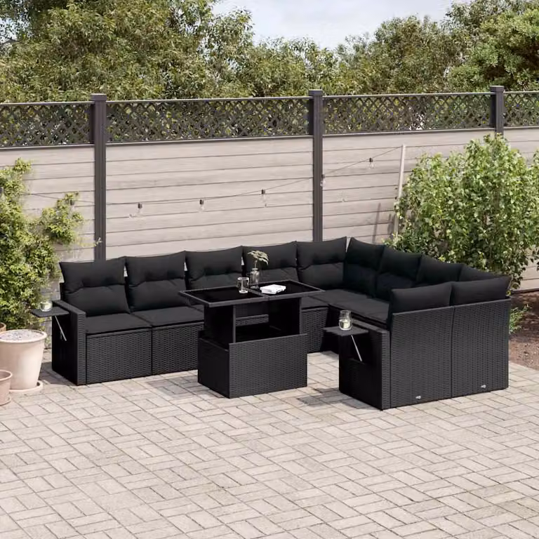 Set di divani da giardino vidaXL in polyrattan nero con cuscini e tavolino da esterno