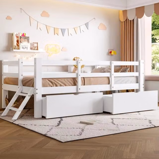Letto singolo con protezione e cassetti ¨C Minimal ¨C Bianco 90x200 cm in legno di pino