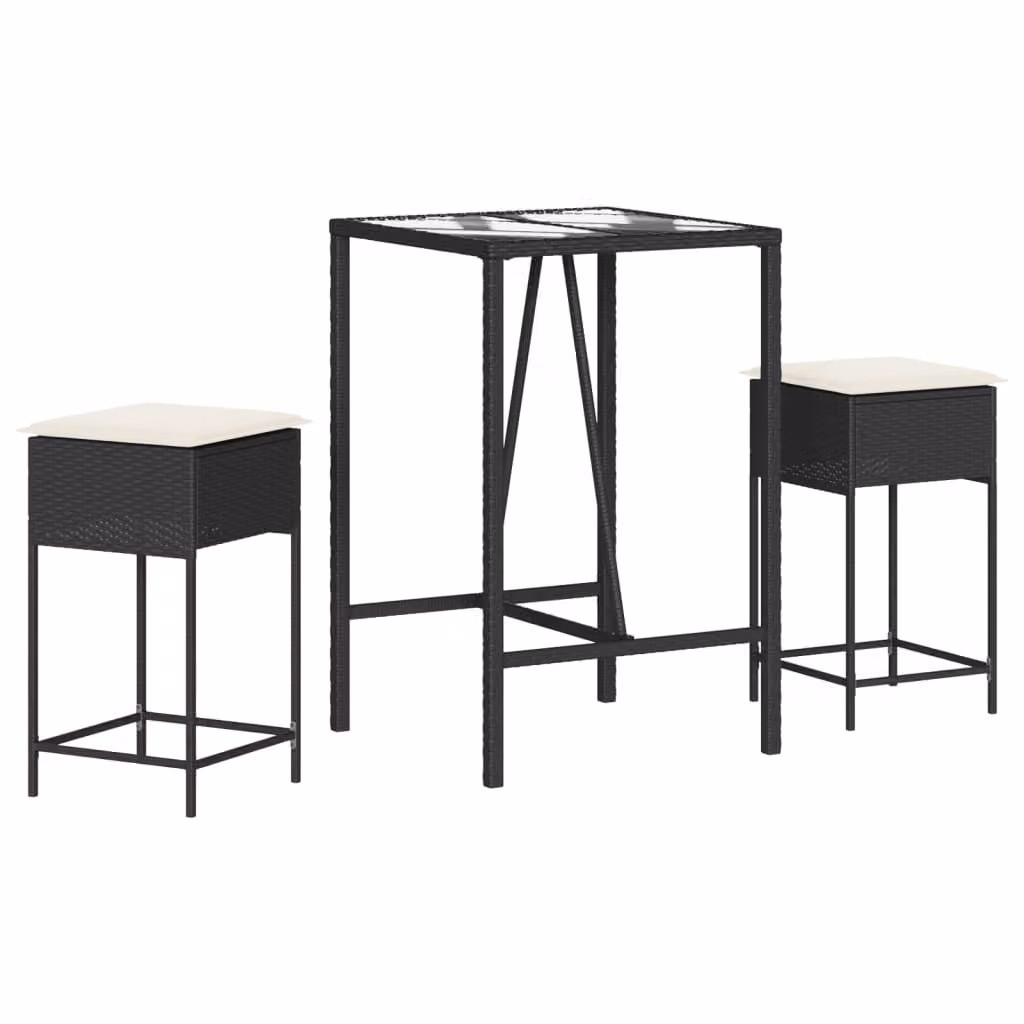 set bar da giardino 3 pezzi con cuscini in polirattan nero