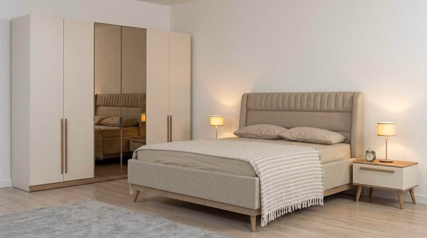 Armadio beige moderno letto matrimoniale, struttura del letto