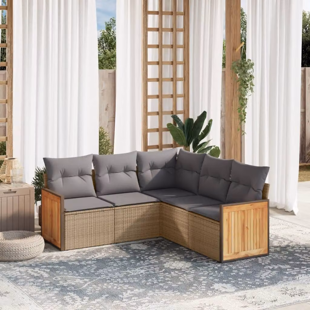 vidaXL Set Divano da Giardino a L 5 pz con Cuscini Beige e Grigio in Polyrattan e Metallo