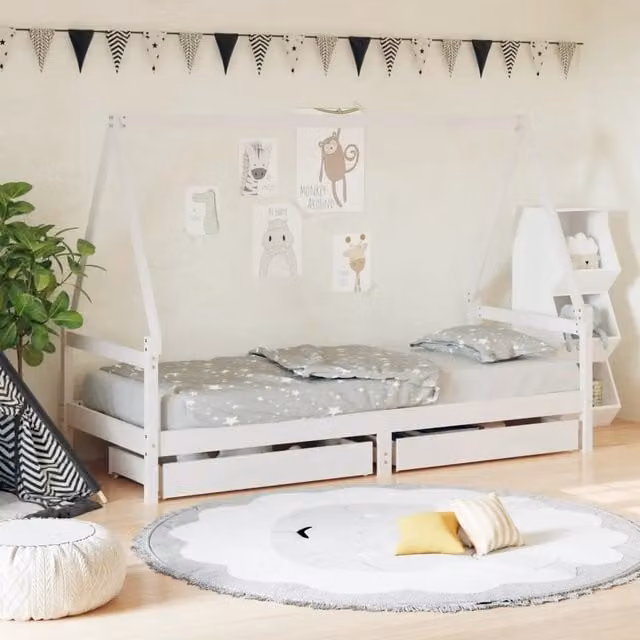 Giroletto per bambini vidaXL in legno massello di pino bianco con cassetti e struttura a casetta L: 80 cm, P: 200 cm, H: 143 cm