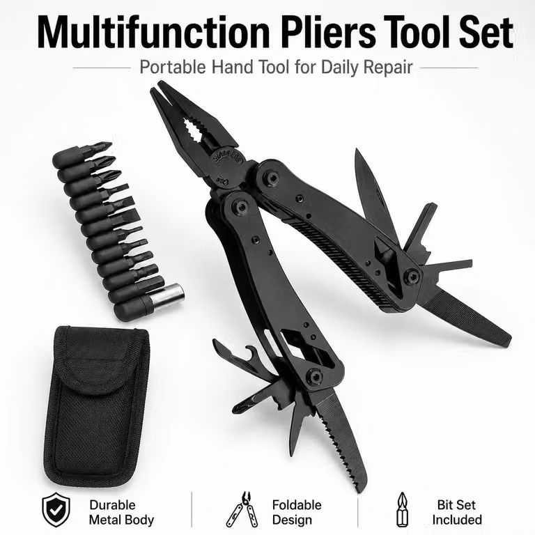 Set di pinze multifunzione - Utensile multifunzione pieghevole - Set di punte per cacciavite - Custodia per il trasporto - Adatto per destrorsi - Ideale per lavori di bricolage e riparazioni domestiche, campeggio e manutenzione della bicicletta