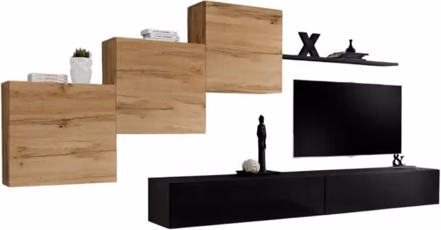 Composizione murale SWITCH X – Mobile TV da parete, cubi sospesi e scaffale – Nero lucido e quercia Wotan – Design moderno