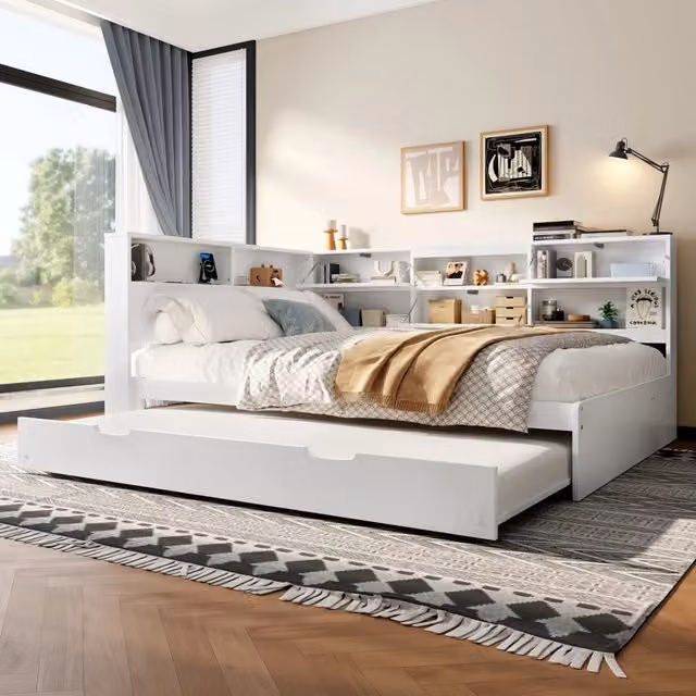 Letto Mivray con letto estraibile e testiera contenitore con porte USB e Type-C, colore bianco, L/P/H: 140 x 200 cm