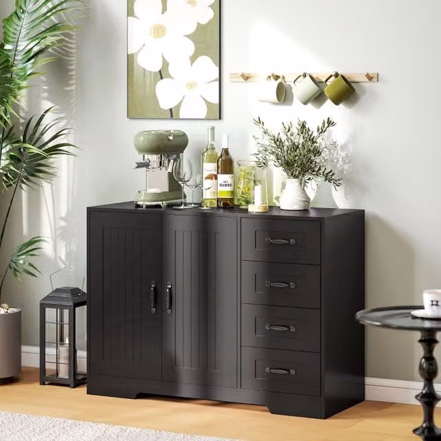 Credenza Mivray in legno nero per soggiorno e sala da pranzo con 4 cassetti e armadietto con ripiano regolabile L/P/H: 105 x 40 x 76 cm – 1