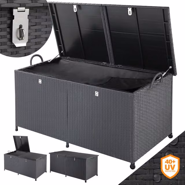 Baule da giardino polyrattan nero 150x77x73cm con ruote