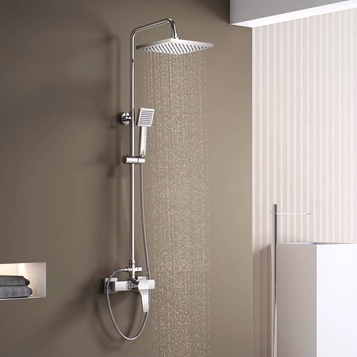 Set completo per rubinetto doccia, con doccia a pioggia, soffione manuale e miscelatore, regolabile in altezza, cromato