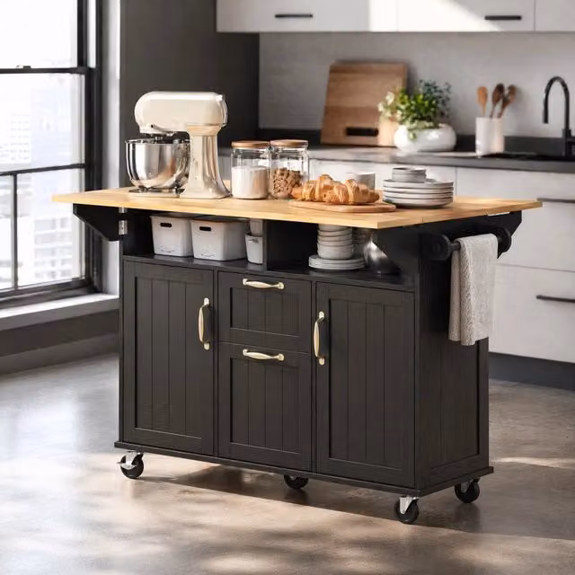 Carrello da cucina mobile moderno con piano allungabile e prese integrate, bicolore nero e multicolore, in MDF opaco, L: 120 cm, P: 40-60-80 cm, H: 92 cm