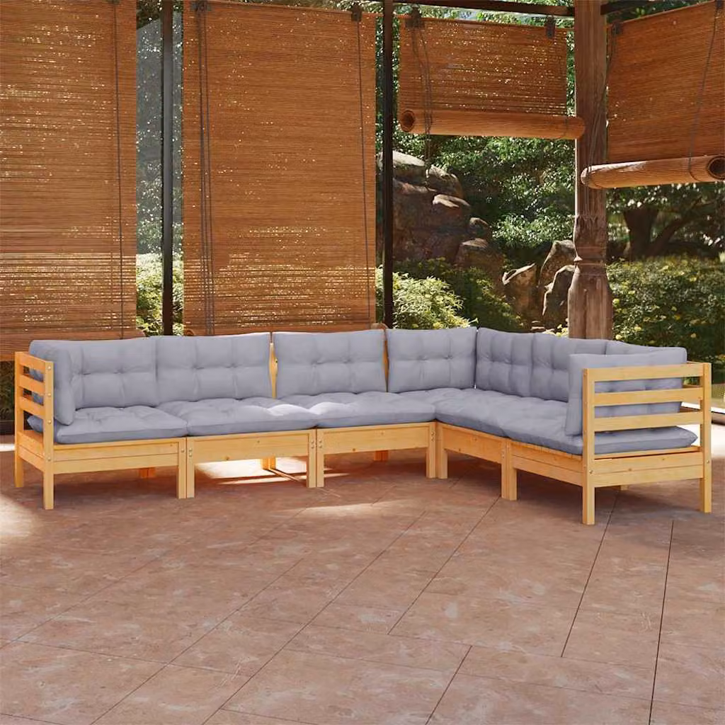 Set di divani da giardino vidaXL a forma di L in legno massello di pino con cuscini grigi, 6 pezzi