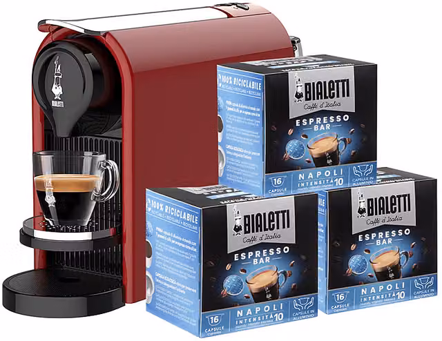 Macchina per caffè Bialetti Gioia Plus rossa con 48 capsule, 1200 W, pressione 20 bar e serbatoio da 0,5 l