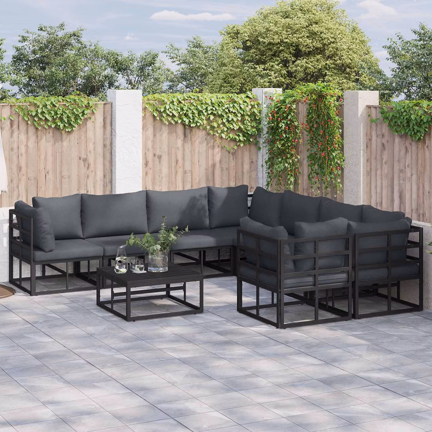 Set Divano da Giardino Moderno vidaXL in Alluminio Verniciato Nero con Cuscini e Tavolino da 9 Pezzi – 1