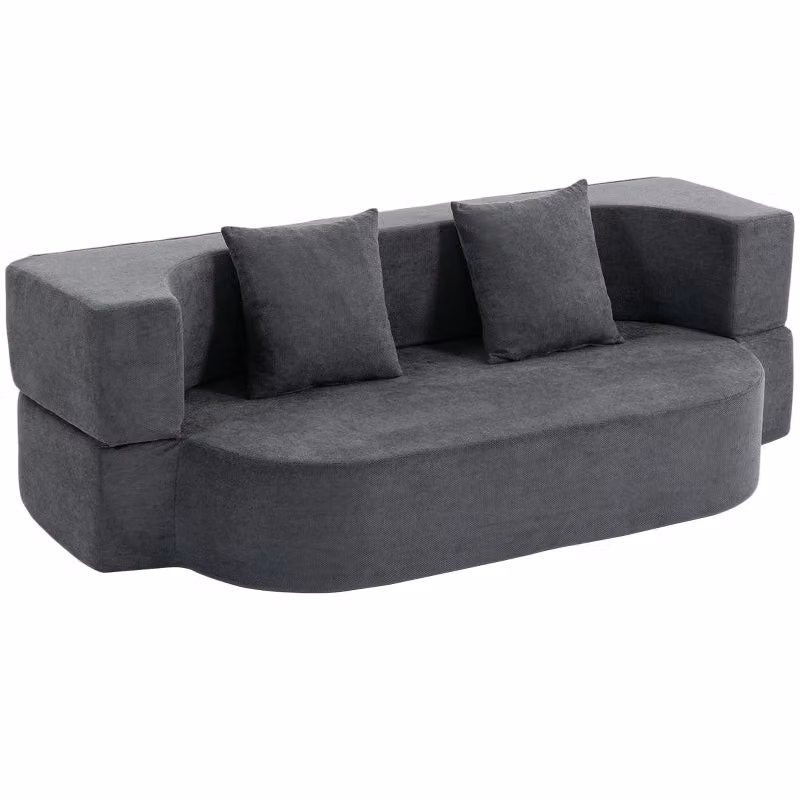 Divano letto click clack REDOM a 2 posti in tessuto grigio con cuscini inclusi, dimensioni: 190 x 140 cm – 2