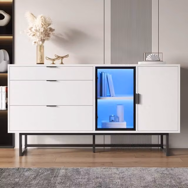 Mobile Credenza con Vetrina, Cassetti e LED ¨C MINIMAL ¨C Bianco Lucido