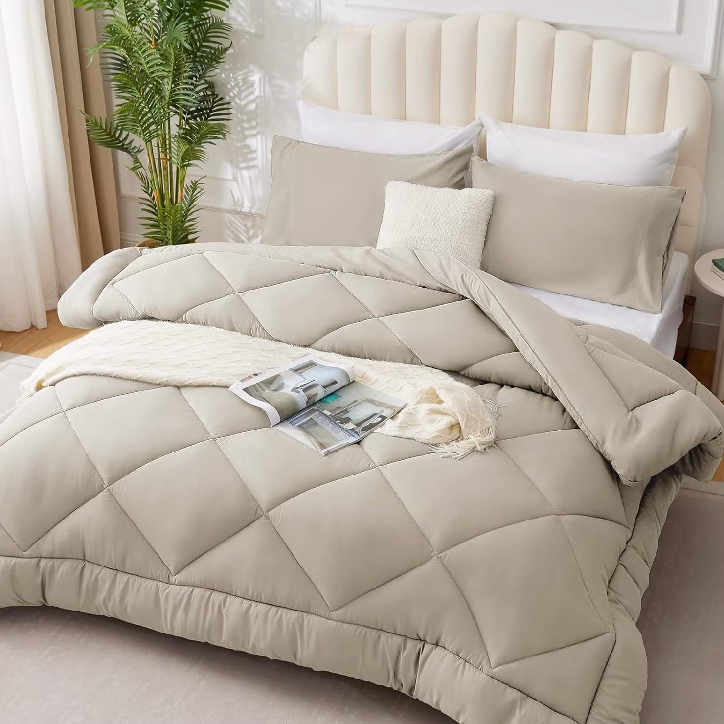 Copertura per letto per tutto l'anno, 260 x 240 cm, color beige, in microfibra, per letto matrimoniale