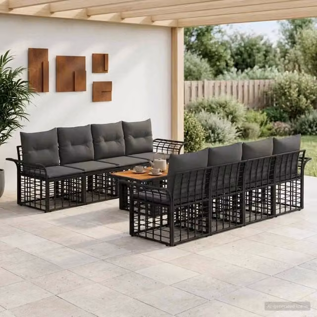Set Divano da Giardino 9 pz Nero e Grigio scuro polyrattan 3437957