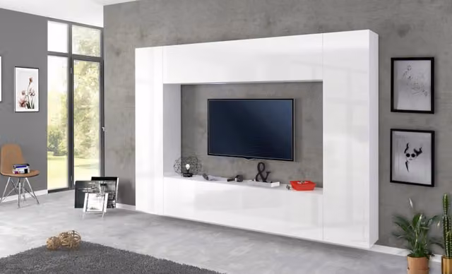 Parete soggiorno Maruska TECNOS - WEB FURNITURE - Bianco Lucido - L: 260 cm, H: 180 cm, P: 30 cm