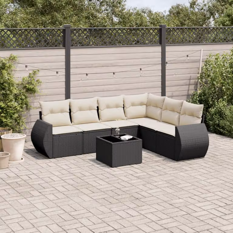 Set Divano da Giardino a L vidaXL con 7 Cuscini Nero e Struttura in Metallo e Polyrattan