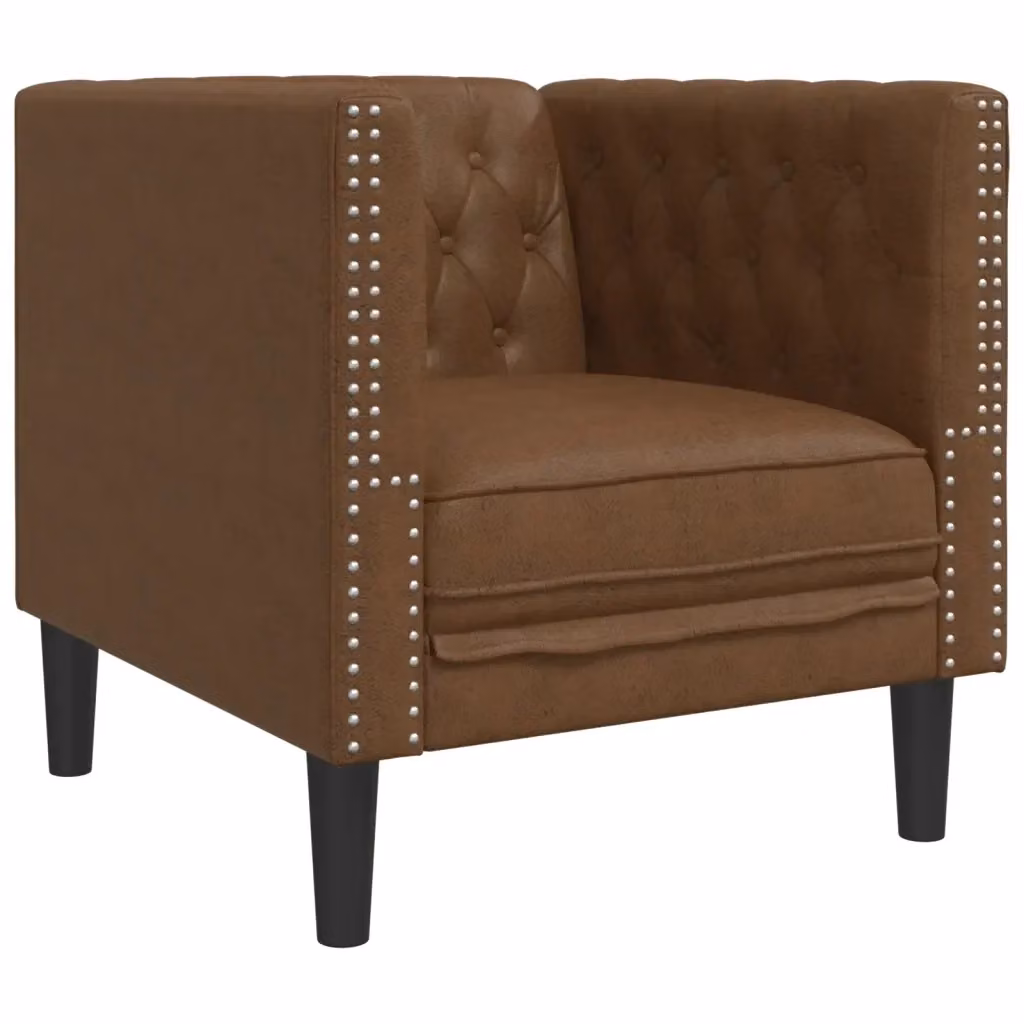 Poltrona Chesterfield in Similpelle Scamosciata Marrone con Braccioli e Struttura in Legno – 2