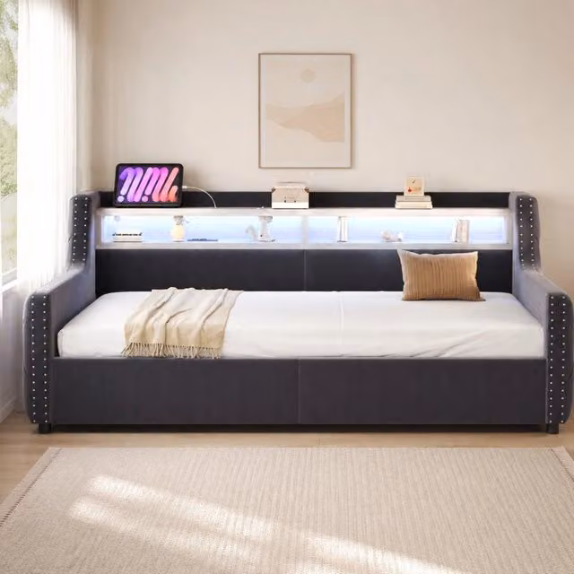 Divano letto imbottito 90x200 cm con contenitore idraulico, illuminazione LED, porta USB e struttura in velluto grigio scuro