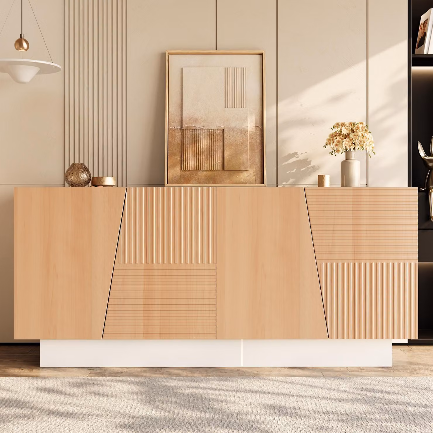 Credenza Merax con 4 ante e 2 vani, cassettiera con struttura a scanalature geometriche e ripiani regolabili, mobile da salotto in MDF, finitura naturale