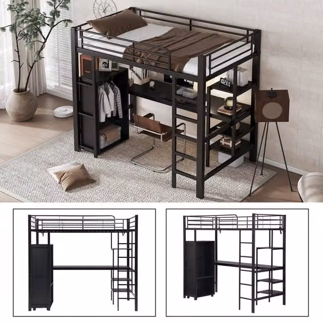 Letto a castello con scrivania e armadio; rete 90 x 200 cm; struttura in metallo e MDF nero; per cameretta