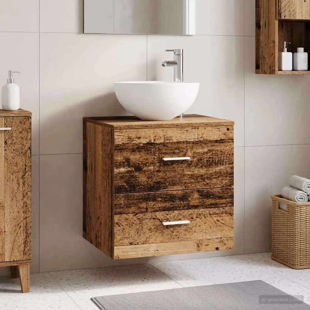 Mobiletto con Lavabo DESIGN IN Moderno in Legno Marrone con Cassetti e Ante, da Appendere a Parete, L: 49,5 cm, P: 35 cm, H: 63 cm – 2