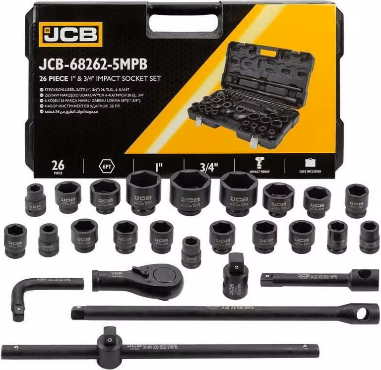 JCB | set di utensili, 26TLG, 3/4", 17-50mm, esagono, cassetta degli attrezzi, cassetta degli attrezzi, cassetta degli attrezzi